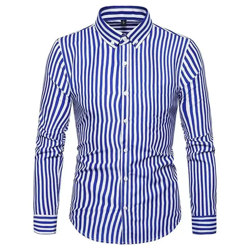 Korean Style Men\'s Shirt Red and White Stripes Non-iron Casual Shirts Male Long Sleeve Slim Fit Formal Business Dress Shirts