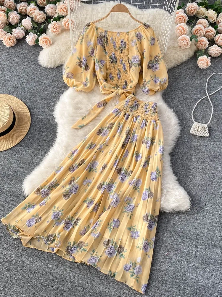 New Women Elegant Floral Skirt Set Female Sleeveless Top & A-Line Midi Skirt Female Casual Suits 2022