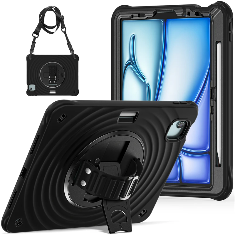 

Portable Silicon Case For Apple iPad Air11 2025 Air13 Pro13 Tablet Cover Shoulder Strap Build in Stand Pro11 Shockproof Mini6/7