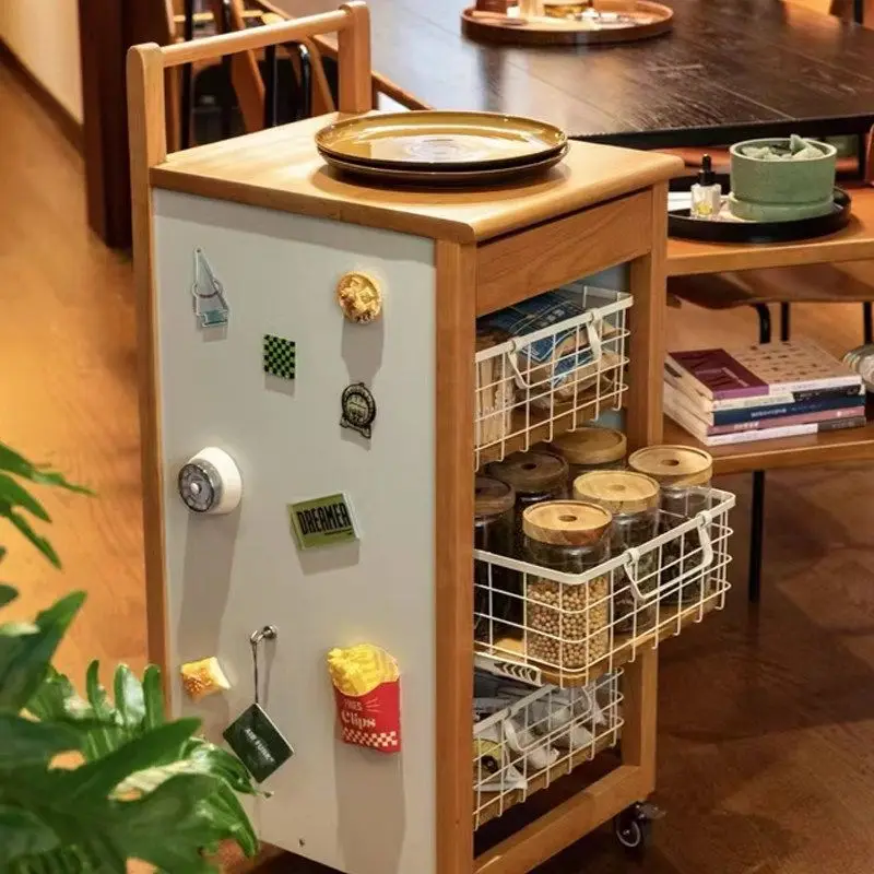 Retro solid wood trolley home living room removable snack storage side rack kitchen fruit and vegetable dining side cabinet