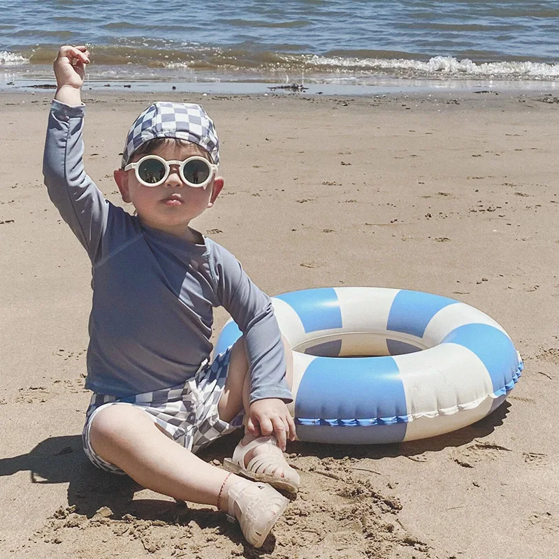 Conjunto de traje de baño de manga larga para niños, traje de baño de secado rápido, Top sólido y bañador a cuadros, traje de surf