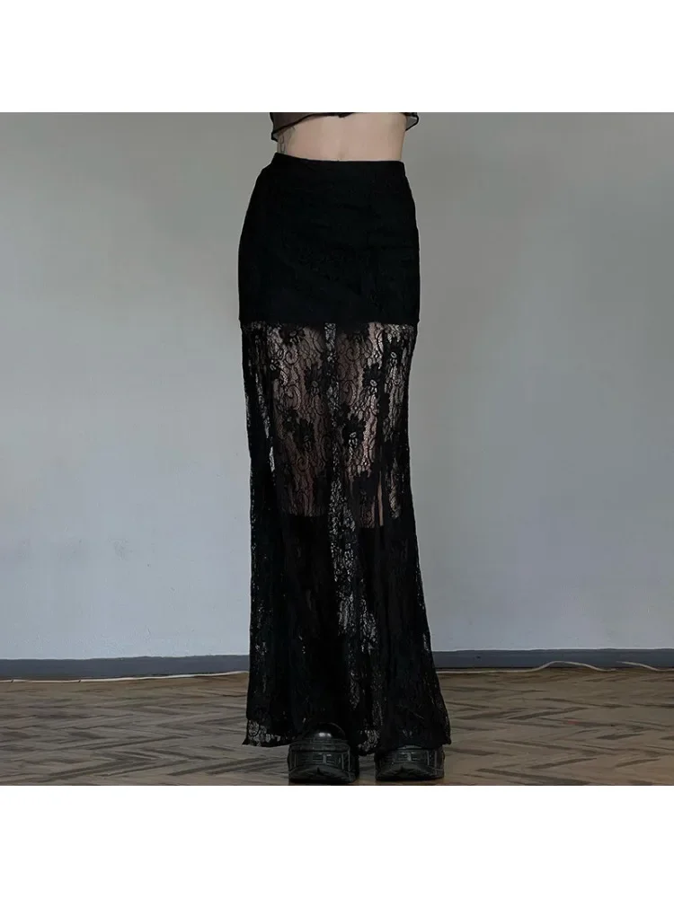 

Gothic Elegant Sexy Patchwork Lace Split Skirt Slim See Through High Waisted Maxi Skirts Women 2024 Summer Fashion Streetwear