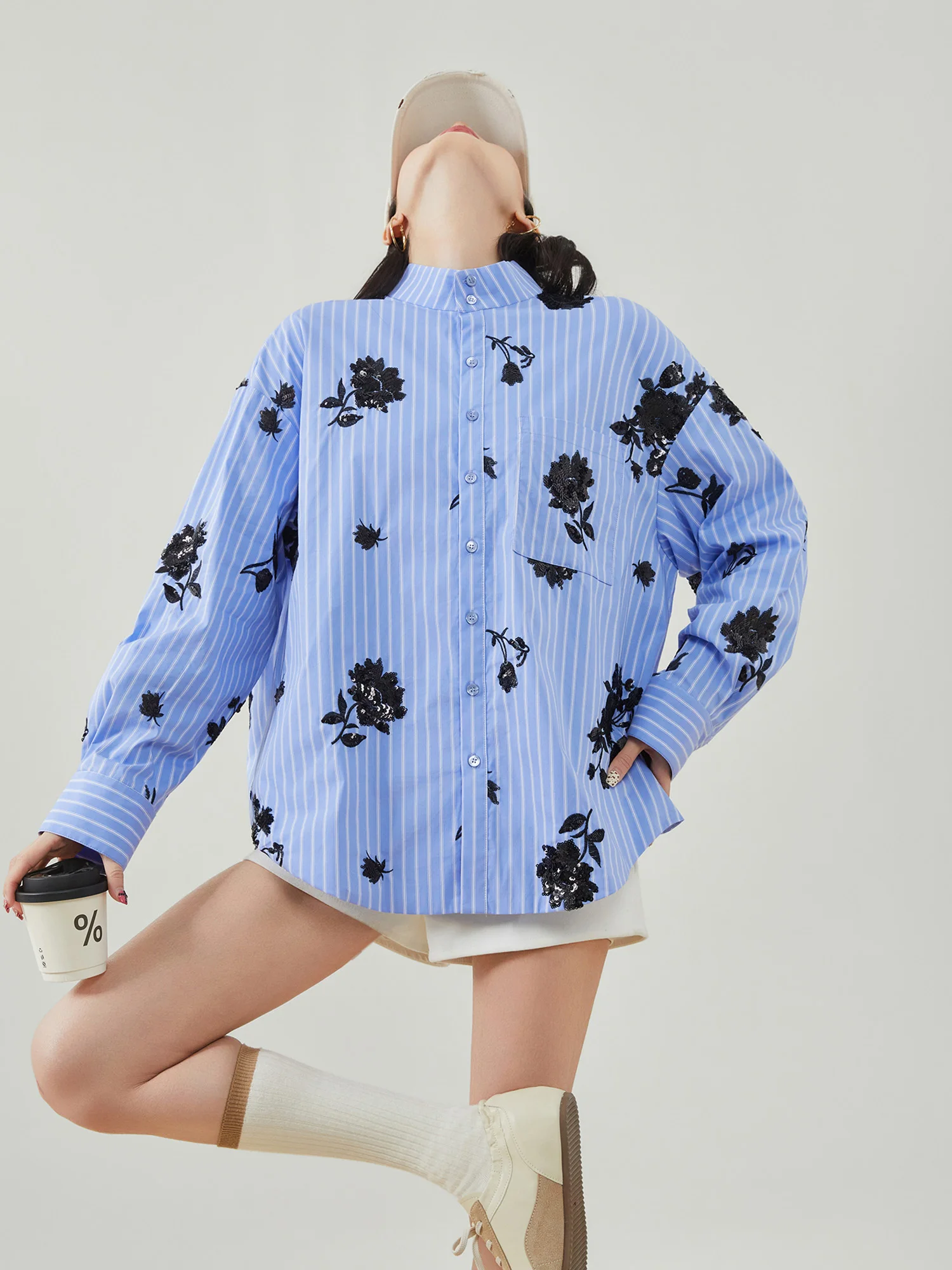 

Blue Embroidered Striped Loose Fit Stand Collar Women's irt Cleanfit Spring 2026 New Sle Versatile Casual Commute irt
