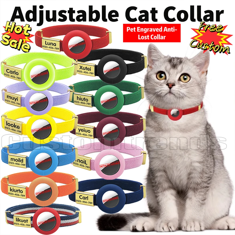 Niedliches abtrünniges Katzenhalsband mit individuellem Namensschild, elastisches GPS-Tracker-Kätzchenhalsband mit Air-Tag-Halter, verstellbare Haustierhalsbänder