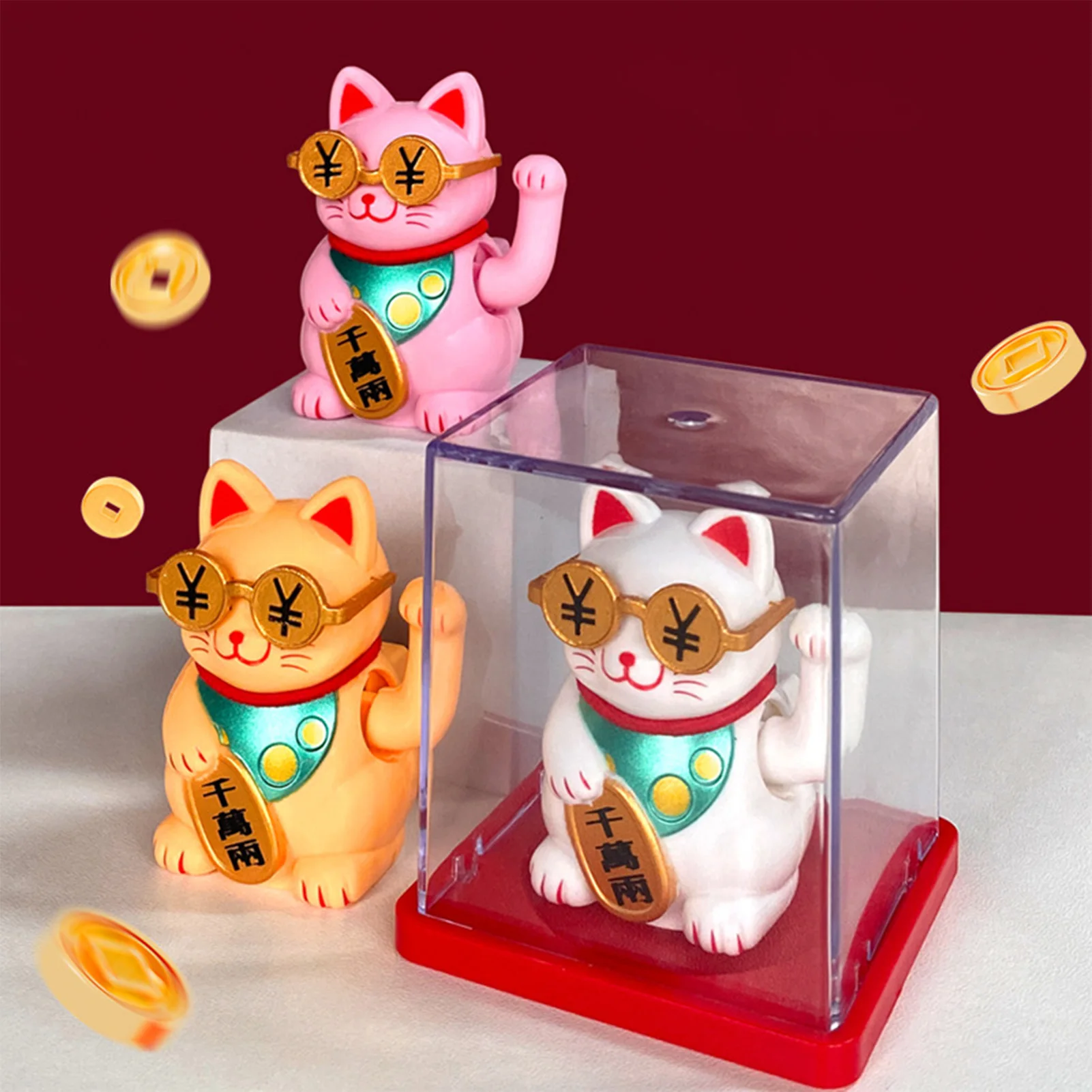 Mini Lucky Cat Figurine Ornament Solar Powered With Acrylic Dust Cover For Desktop Decor Office Car Dashboard Good Luck Gift