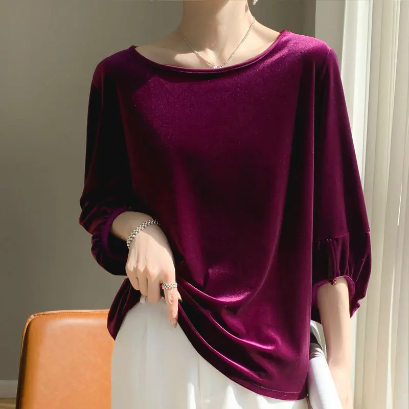 Spring/Summer Round Neck Ice Silk Thin Round Neck Mid Sleeve Women's New Top Versatile Fashion Novelty High Street Pullover