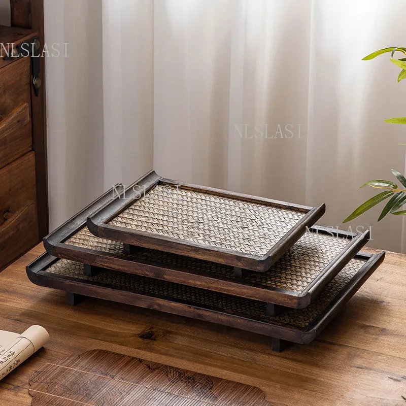 Chinese style Natural Bamboo Woven Tea Board with Solid Wood Border Small Raised Feet Kung Fu Tea Tray for Home Tea Ceremony