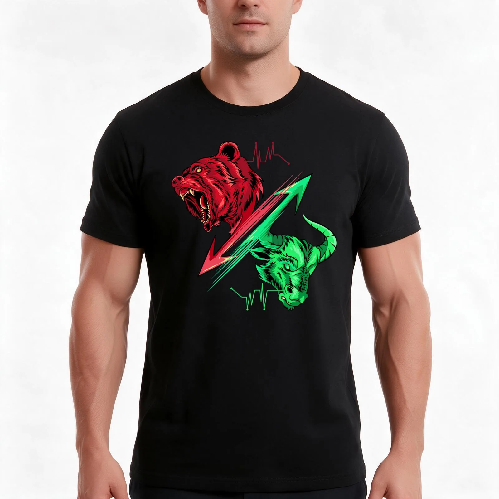 Bear vs Bull Trading T-Shirt, Summer Casual Cotton Tee, Oversized Streetwear Tops, Vintage Graphic Print, Loose Fit Short Sleeve