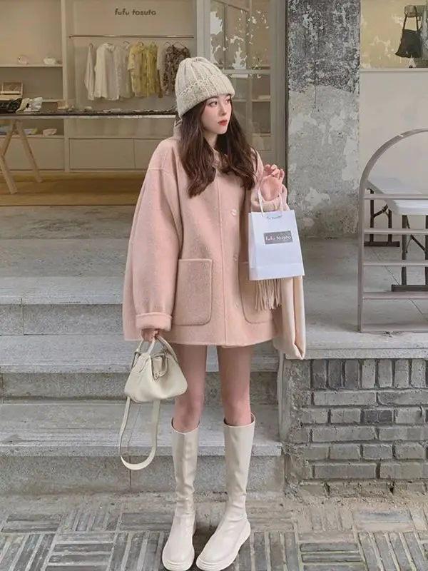Hebe Style Woolen Coat Women's Autumn Winter New Hat Pure Color Medium Length Pink Cute Woolen Jacket Women Korean Loose Fit