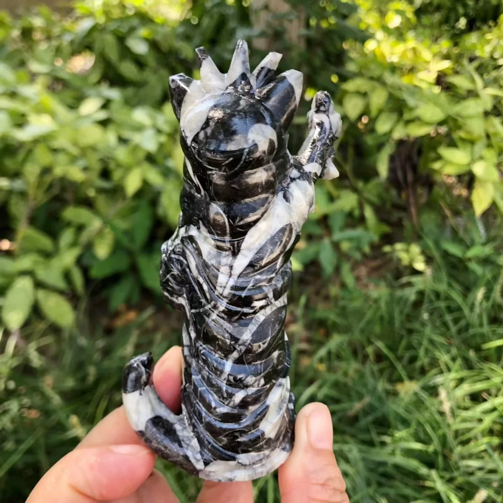 Natural Zebra Jasper Hand Carved Crown Cat With Fish Figurine, Crystal Animal Statue, Home Desktop Decor, Reiki Healing Crystal