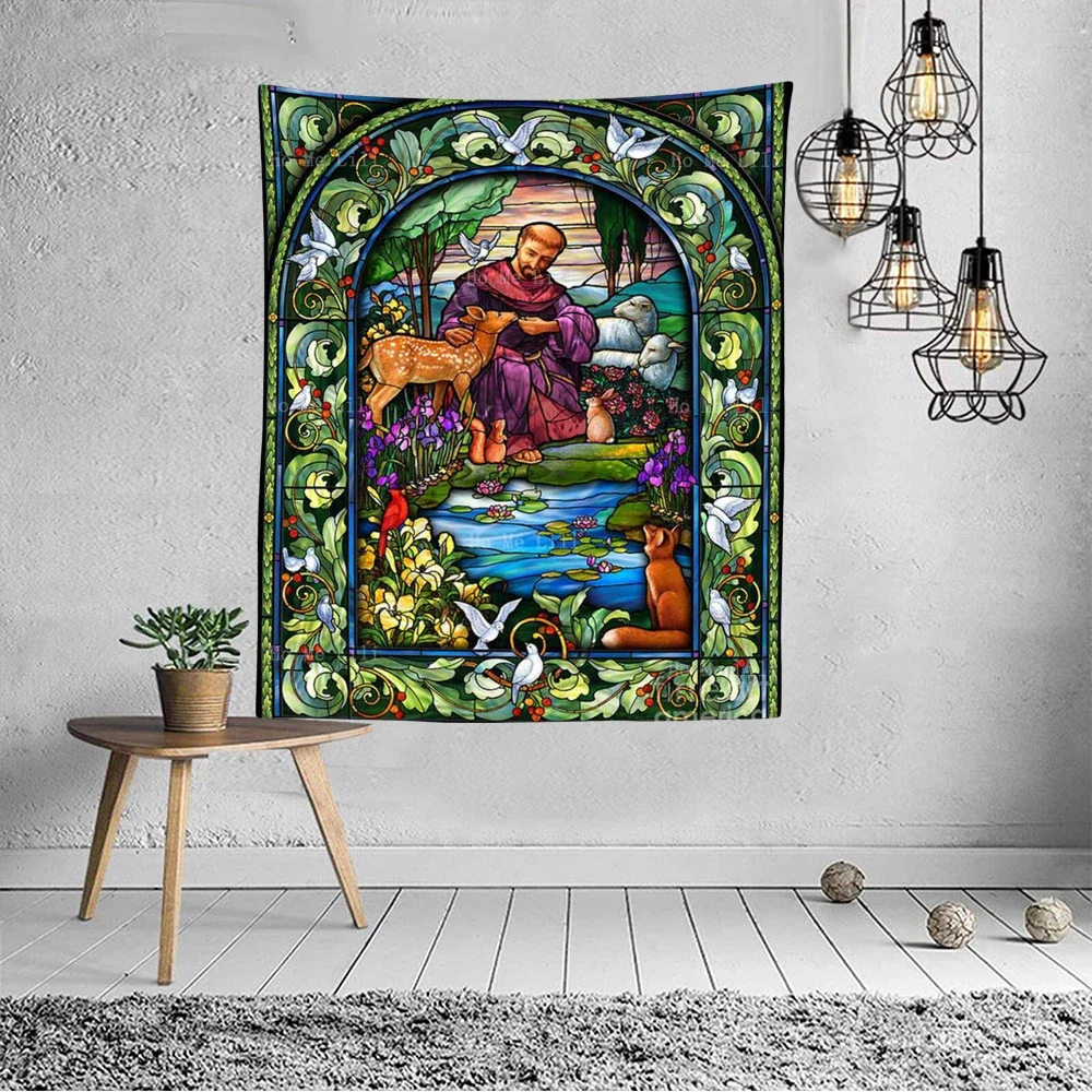 Saint Francis Of Assisi Animal Bible Stained Glass Holy Roman Apostolic Sacraments Tapestry By Ho Me Lili For Living Room Decor