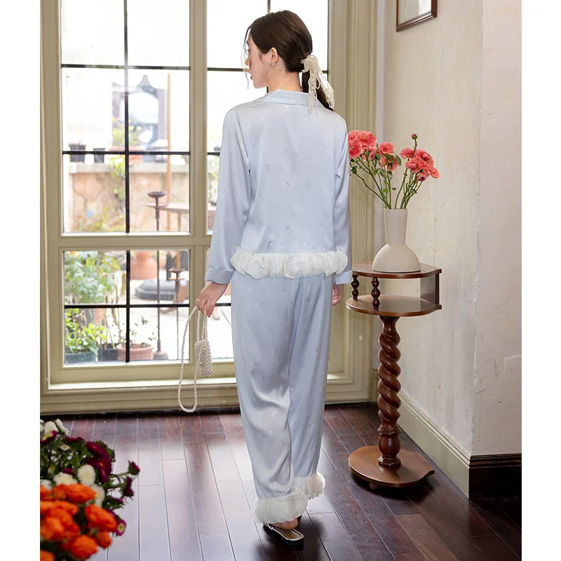 Women's Snow Silk Pajamas Long Sleeve Women's Home Clothes Solid Color Comfortable Breathable Summer Thin Material