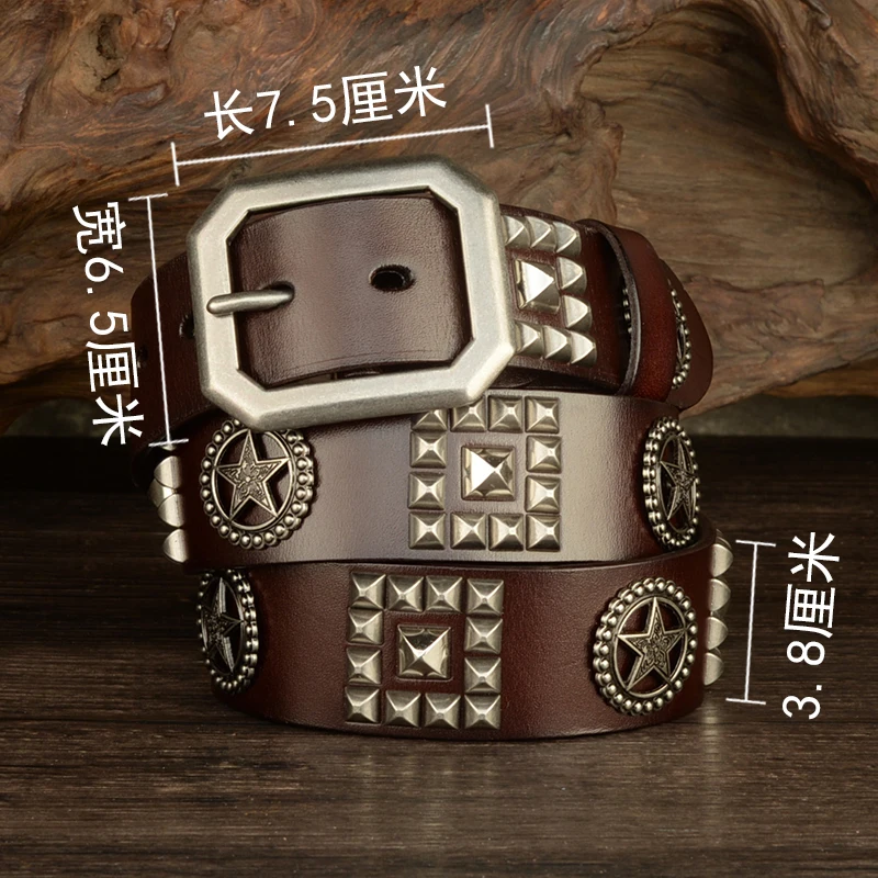 High Quality Men Belts Top Full Grain 100% Top Grain Real Genuine Cowskin Leather Rivet Pin Buckle Jeans Belt With Holes