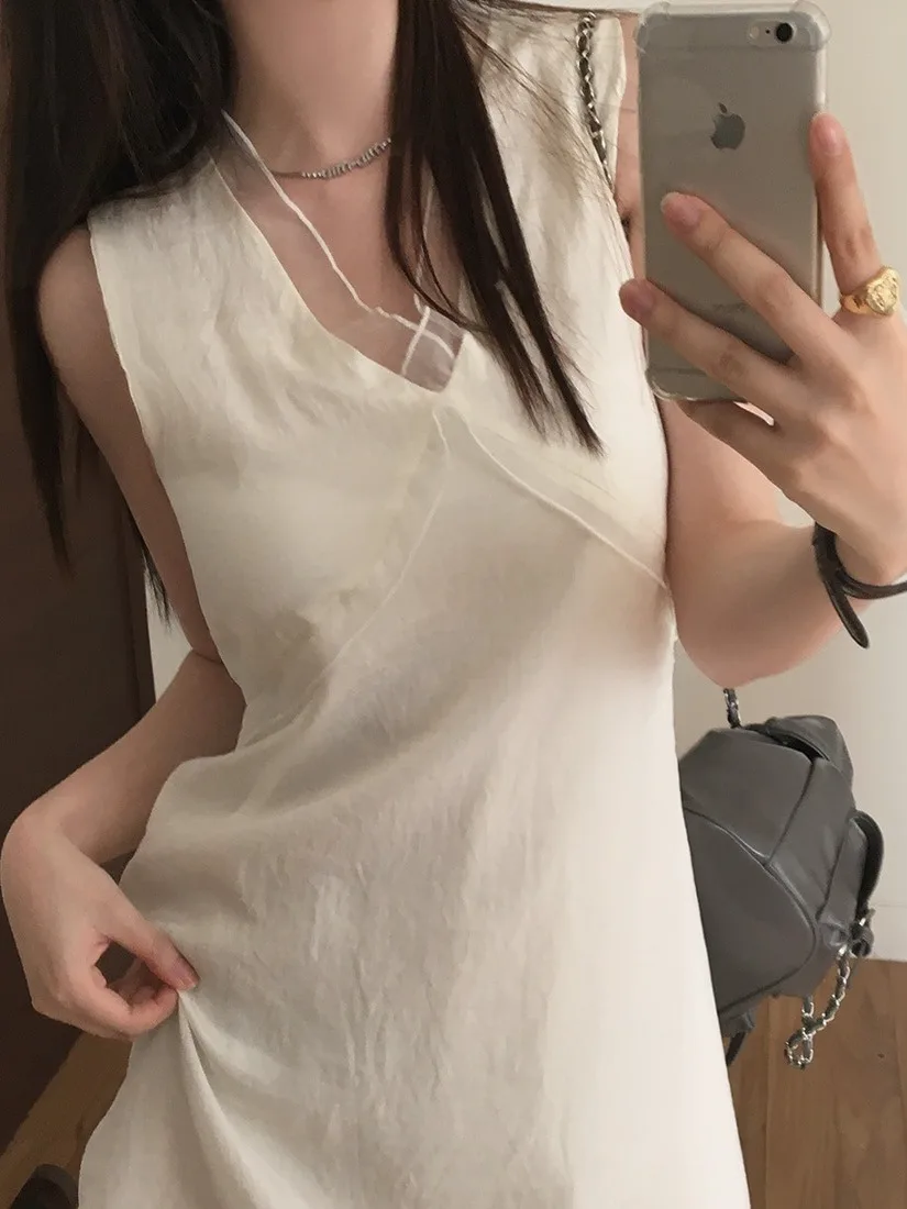 White V-ne Splice Dr Women's Chic Summer New Sle Ele Skirt Faion High-ade Feeling Vest Dr Korean Sle Loos...