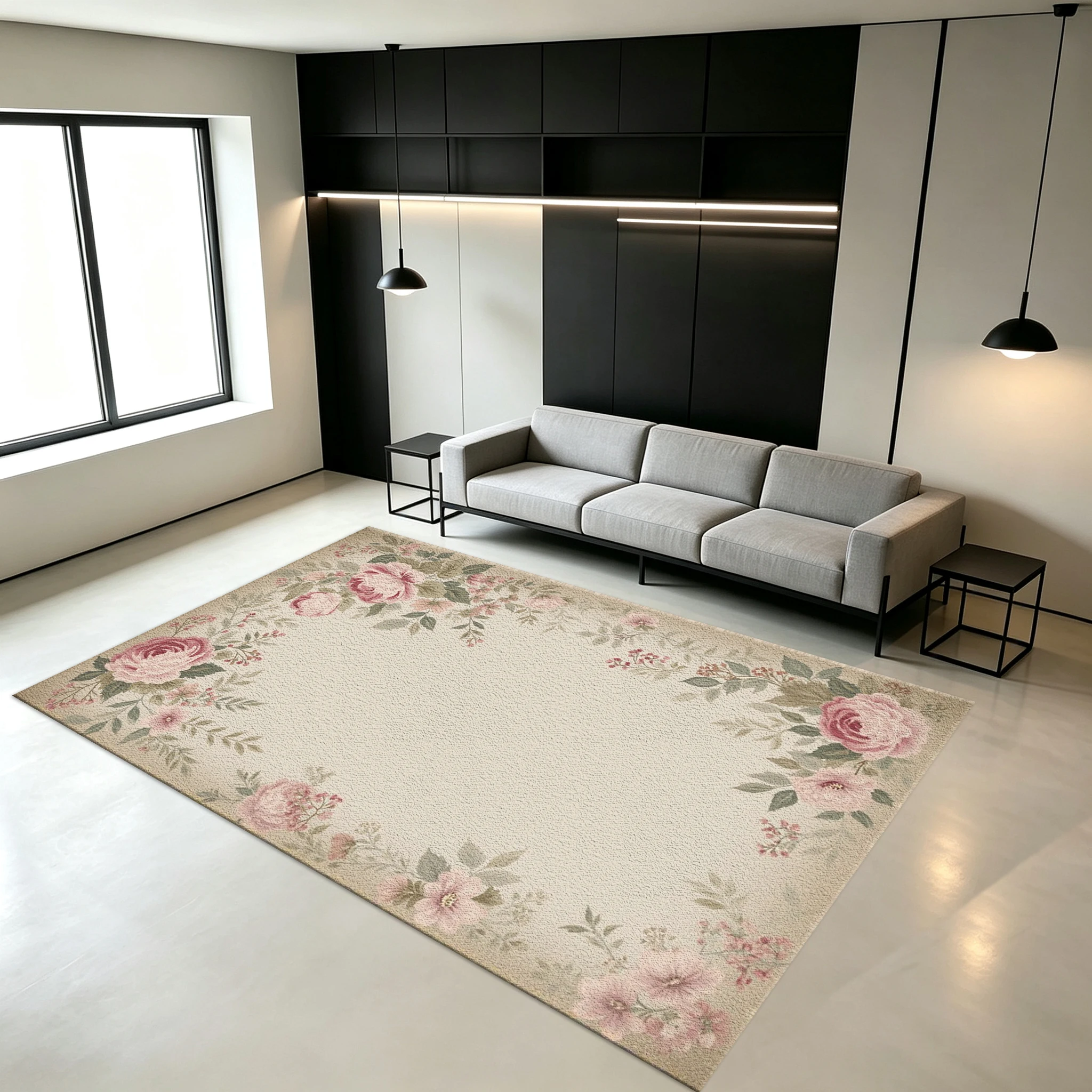 Vintage Pink Rose Border Carpet Romantic Floral Home Carpet Decorative Floor Mat Suitable for Living Room Bedroom Decoration