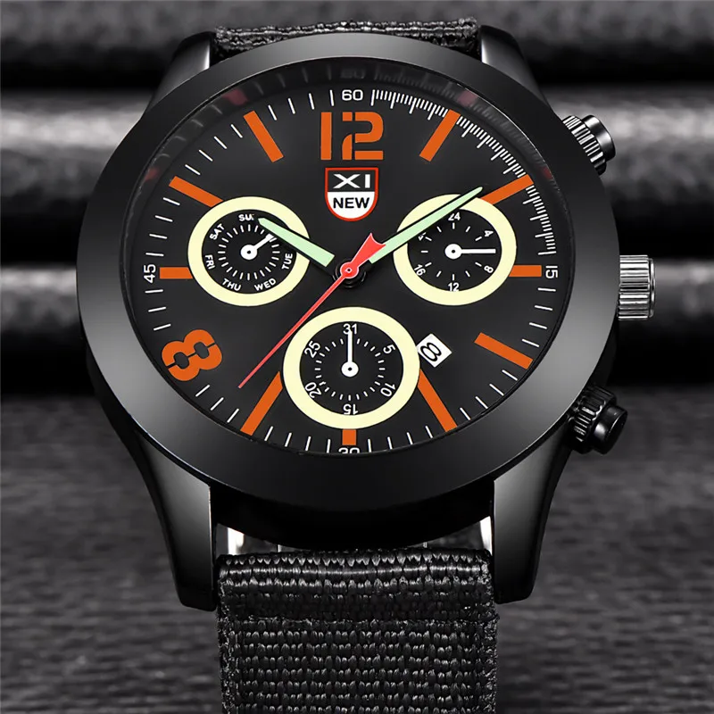 1 pc/lote Homens Genuíno XINEW Marca Relógios Estudantes Meninos Moda Casual Nylon Banda Esportes Data Relógio de Quartzo Preto Montre Homme