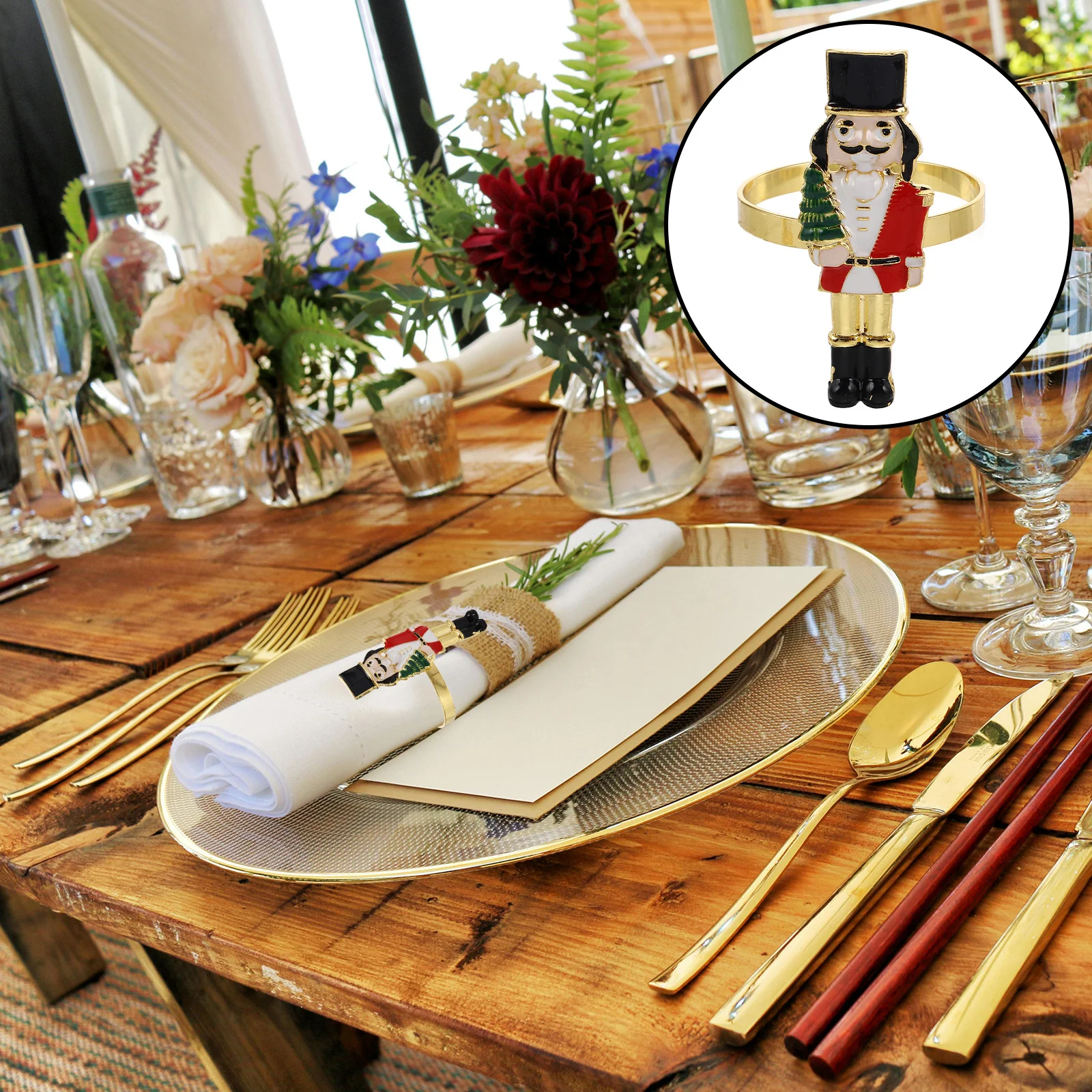 

4Pcs Nutcracker Napkin Rings Elegant Metal Napkin Buckle Decor for Dining Table Banquet Holiday Centerpiece Decoration