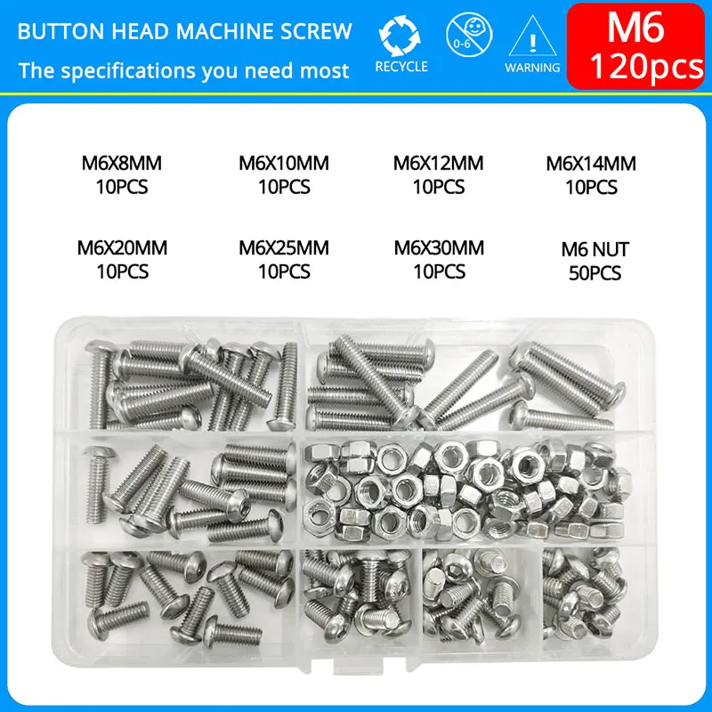 304 Stainless Steel Hex Cylindrical Head Bolt And Nut Set Metric Thread M6  Allen Screw Assortment Kit Metalworking Tools