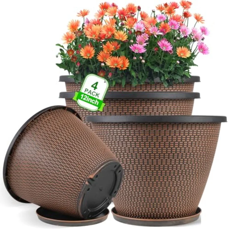 

Pots for Plants, 4 Pack Large Outdoor Planter Pot with Draage Holes and Saucers, Plastic Flower Pots for door Plants, Decorativ