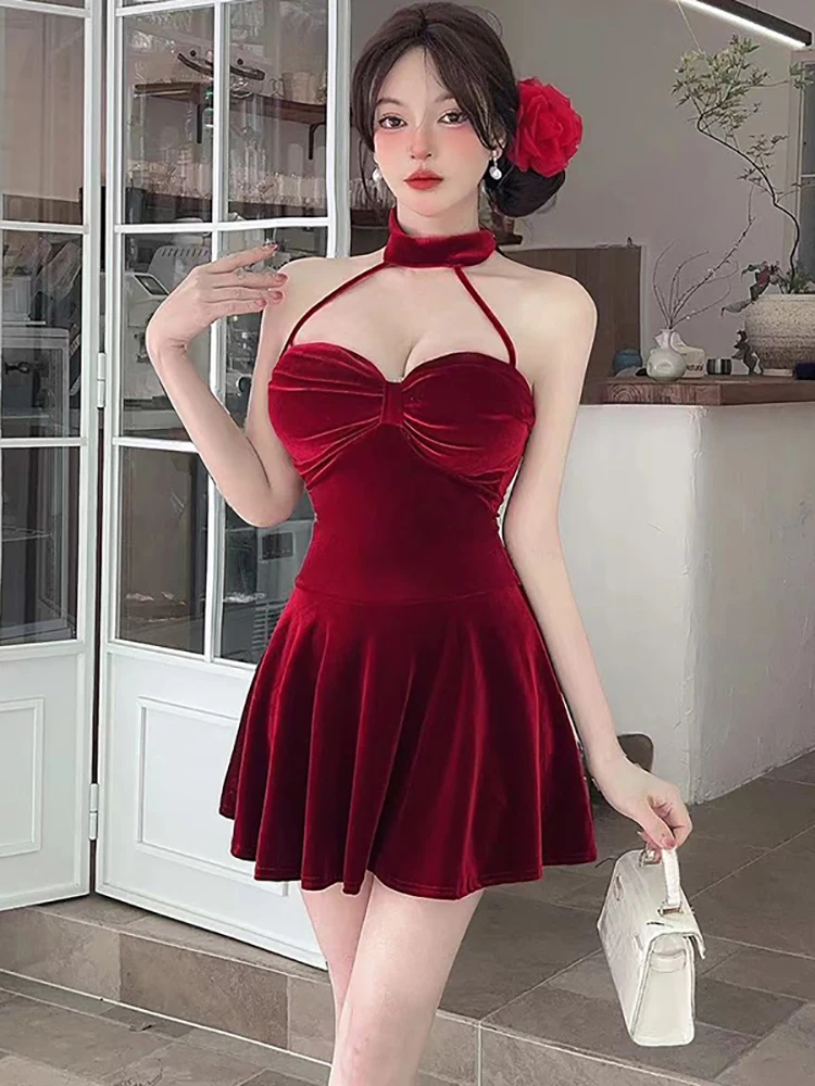 Feminino vermelho veludo chique pescoço-montado sexy mini vestido outono inverno elegante vestido babados 2025 coreano vintage bodycon vestido de noite