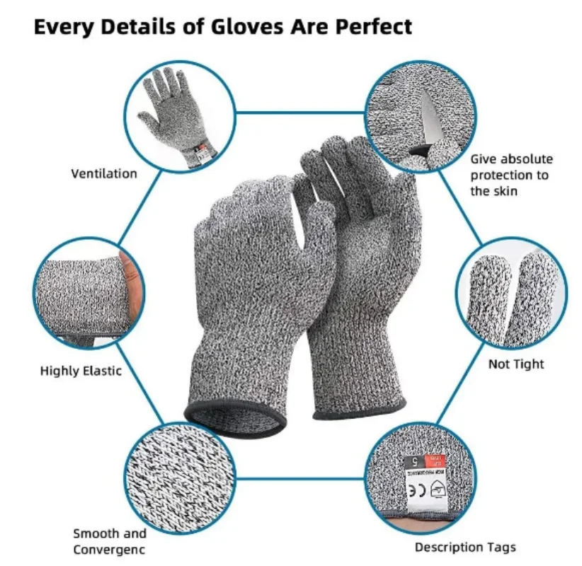 Grade 5 Cut Resistant Gloves Kitchen HPPE Scratch Resistant Glass Cutting Safety Protection for Gardeners