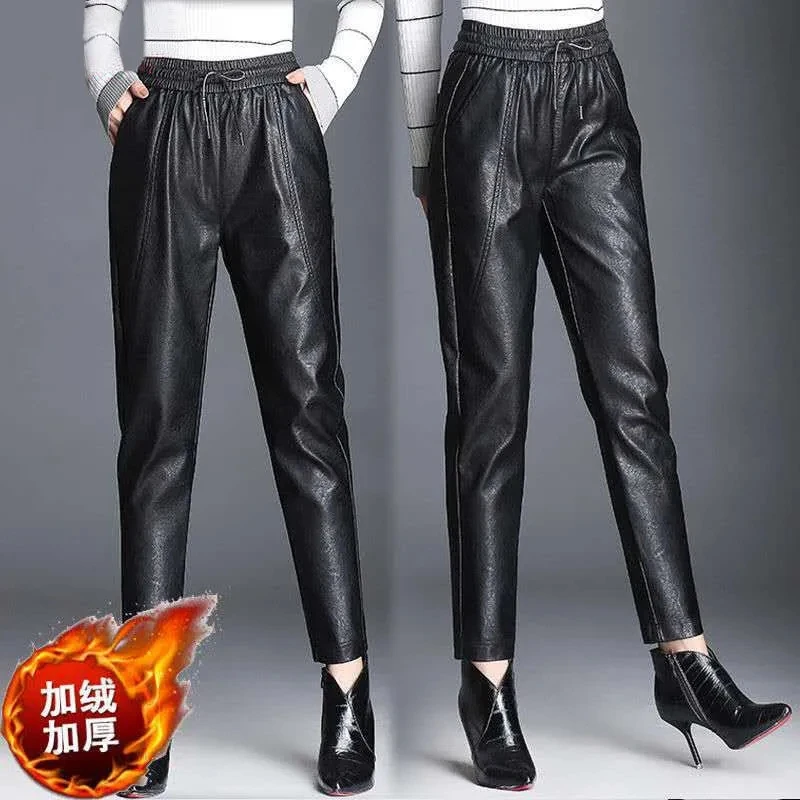 

Autumn Winter PU Leather Pants Plush Thick Warm Women Casual Elastic Waist Black Faux Leather Trousers Female Ankle-Length Pants