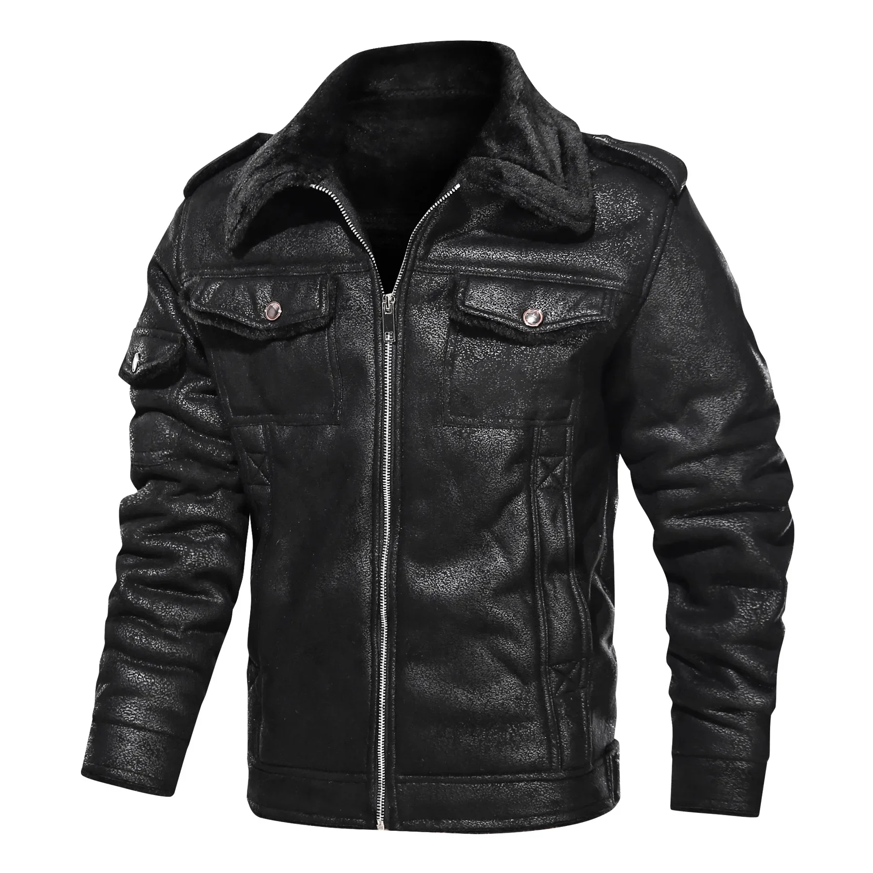 Men Winter Fleece Motorcycle Faux Leather Jacket New Fashion Fur Collar Windbreaker Ropa De Hombre Slim Coat