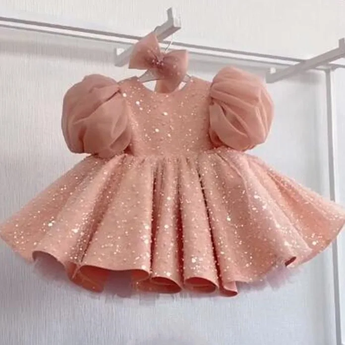 

Puff Sleeve Blush Pink Sequin Dress Stylish Kids Flower Girl Host Piano Performance Toddler Princess Costume Photo Shoot Clothes