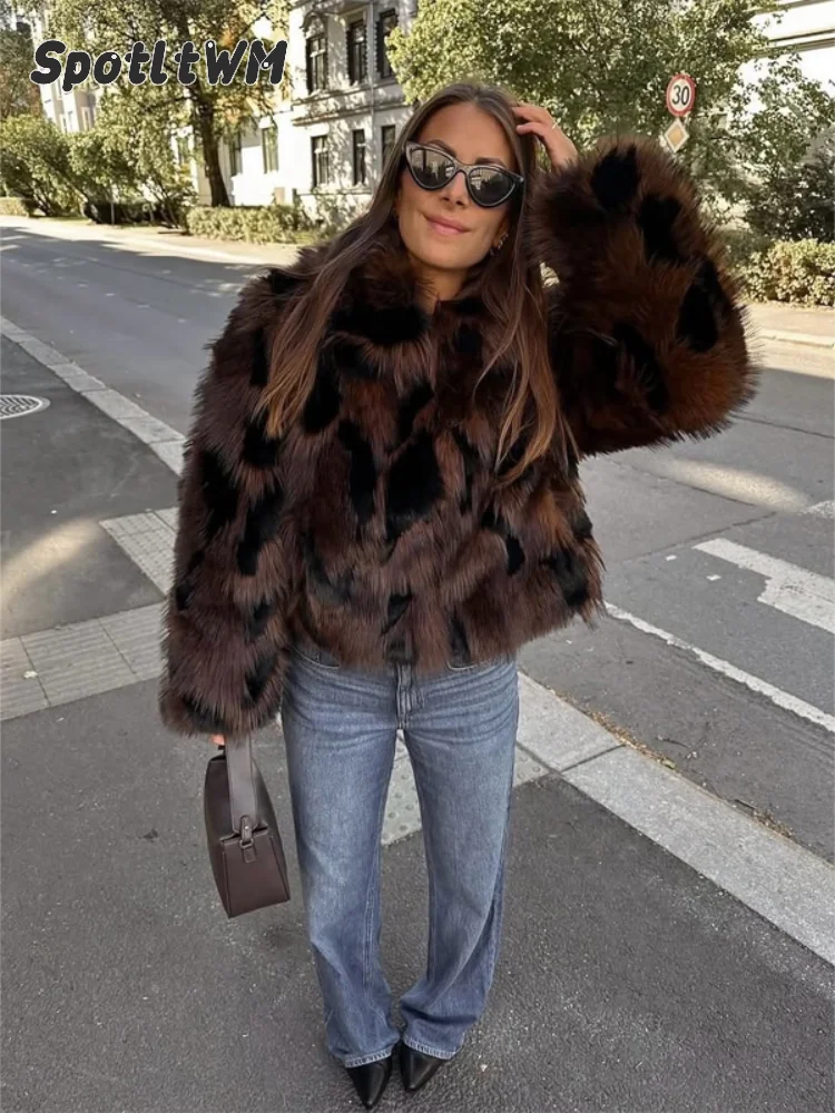 Women Spotted Faux Fur Overcoat Oversized Fluffy Lapel Long Sleeve Jacket Autumn Winter Warm Daily 2026 New Lady Outerwear