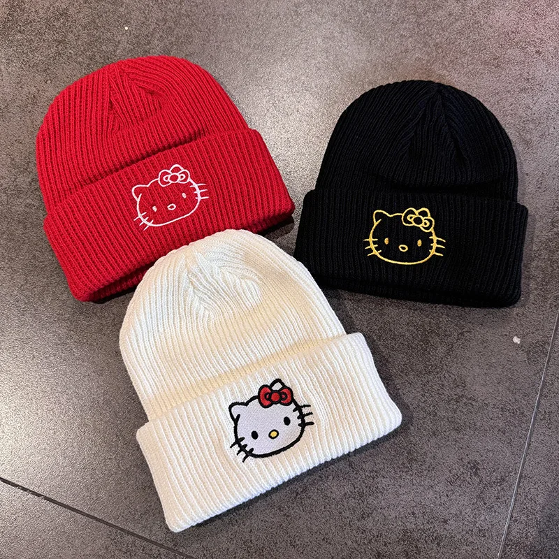 Sanrio Hello Kitty Knitted Hat Cartoon Cute Kitty Cat Embroidery Woollen Hat Boys Girls Winter Warm Pullover Hats Couple Hats