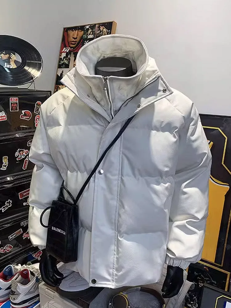 

American High Street PU Leather Cotton Jaet Men's Winter Thiened Fake Two-Piece Stand Collar Workwear Bread Sle Coat