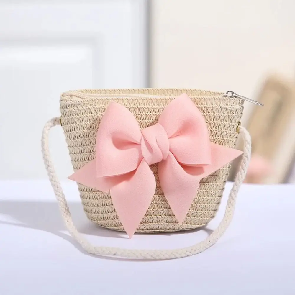 Summer Handmade Woven Girl Straw Bag Cute Solid Color Pink Bow Kid Messenger Bags Photo Props Coin Purse Storage Basket