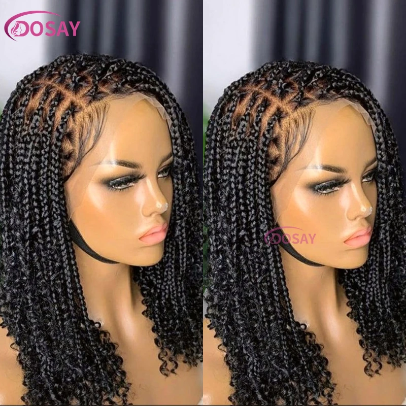 Wig keriting sintetis Bob pendek 360 Wig kepang renda penuh 12 inci Wig kepang tanpa simpul Boho kotak dewi Wig rambut Pre-Pluck rambut bayi