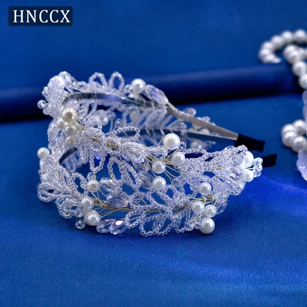 HNCCX Handmade Bridal Hair Hoop Pearl Hair Accessories Rhinestone Flowers Headband Bride Shiny Headdress For Women Party CP654