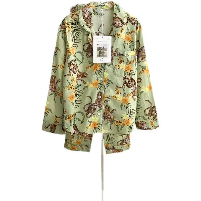 بيجامة نسائية جديدة بطباعة الغابة البرية سراويل بأكمام طويلة ملابس ترفيهية قطنية يمكن ارتداؤها في الخارج