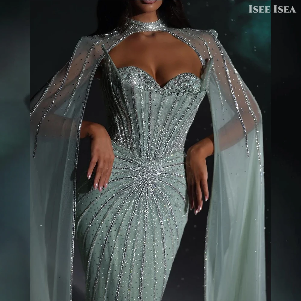 비즈 이브닝 드레스 여성 케이프 슬리브 두바이 فساتين سهرة 크리스탈 Bodycon 미인 대회 드레스 파티 가운 맞춤형