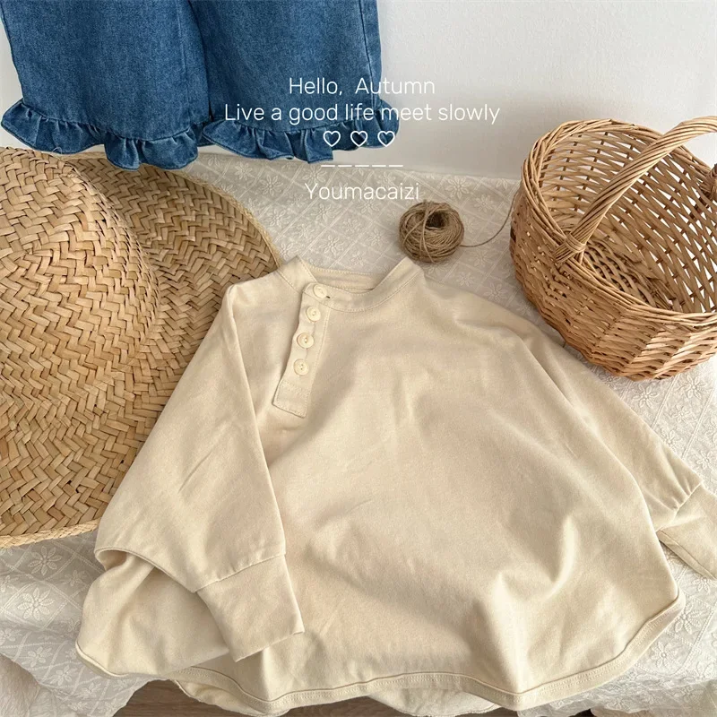 Children T Shirt Autumn New Cotton Brushed Solid Color Boy's T-shirt Bat Sleeve Girl's Pullovers Oblique Placket Tops