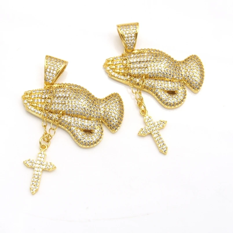 

Golden Zircon Cross Pendant Hands Clasped in Devotion Light Luxury Religious Jewelry Gifts Church Daily Accessories