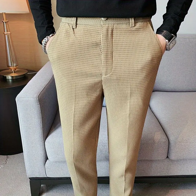 Smart Casual Simplicity Summer Men\'s Solid Color Waffler Pockets Zipper Suit Pants Trend Versatile Slim Ankle Length Pants