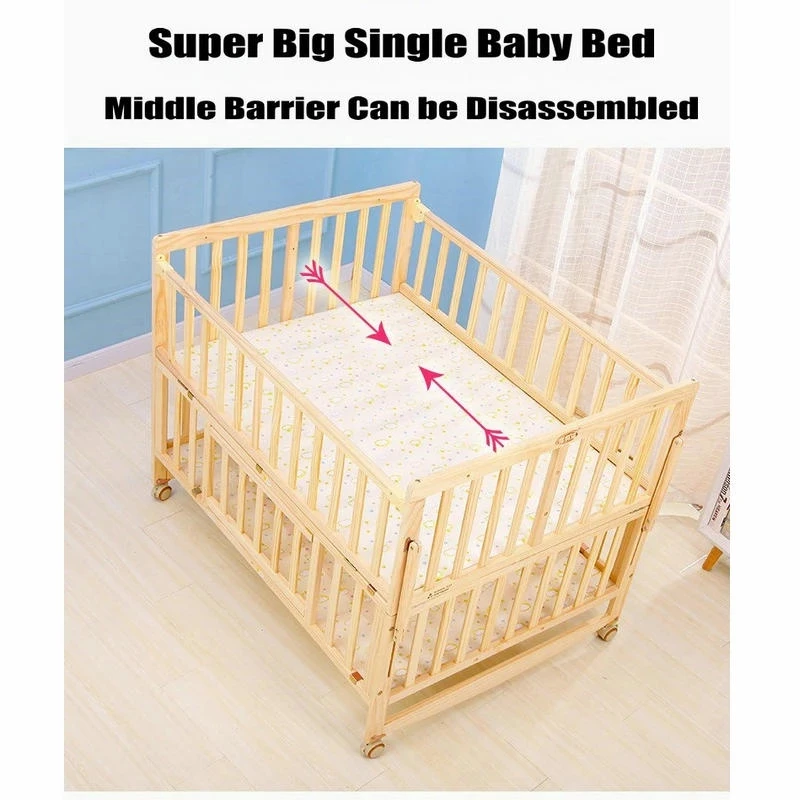 Multifunctional Pine Wood Twins Cot With Quilt Set & Mosquito Net, Crib Can Extend and Joint Adult Bed