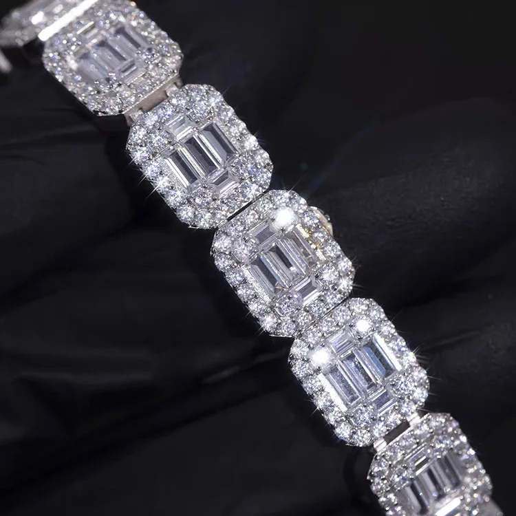Chains Customized baguette Cut Moissanite Cuban Chain 925 Sterling Silver Bracelet Men's Jewelry Bracelet.