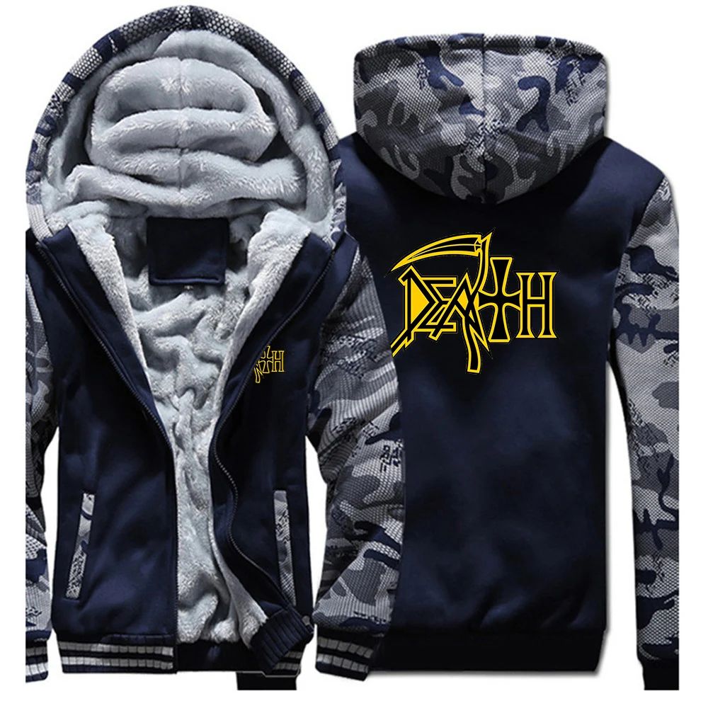 2025 Autumn Winter Heavy Metal Rock Band Death Print Windproof Zipper Handsome Hooded Coats Men's Comfortable Thickened Hoodies