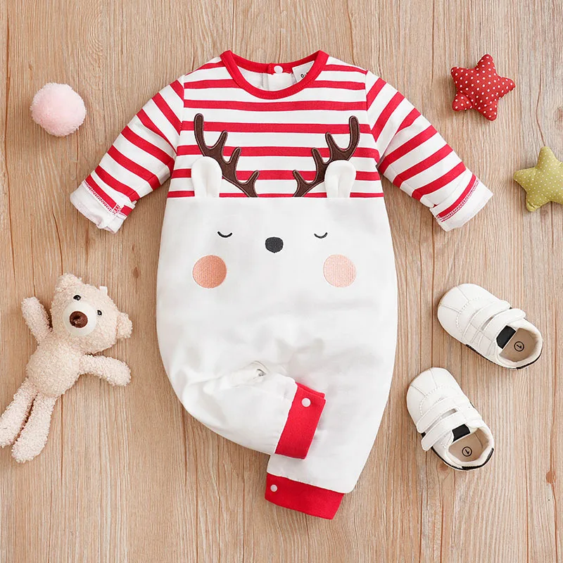

Cute Deer Baby Romper Stripe Long Sleeve Spring and Autumn Newborn Knitted Onesie Soft Lovely Round Neck Toddler Comfortable
