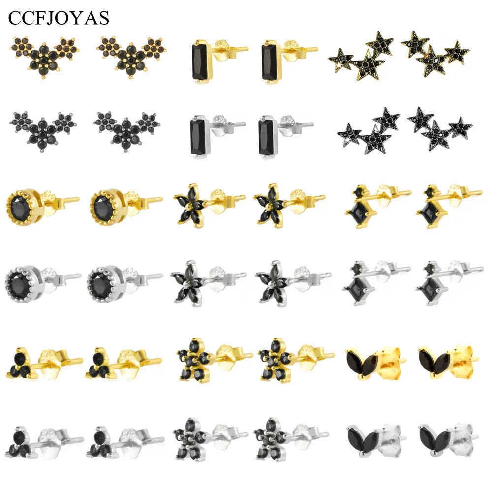 

CCFJOYAS 925 Sterling Silver Black color Zircon Round/Flower/Rectangle/Marquise Shaped Stud Earrings for Women Piercing Jewelry