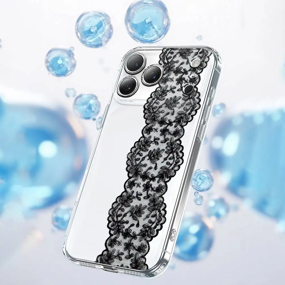 Mode Rosa Schwarz Spitze Druck Muster Telefon Fall Für iPhone 17,16,15,14,13,12,11 Plus,Pro,Max,Plus,E,SE4,Air,Mini Transparent