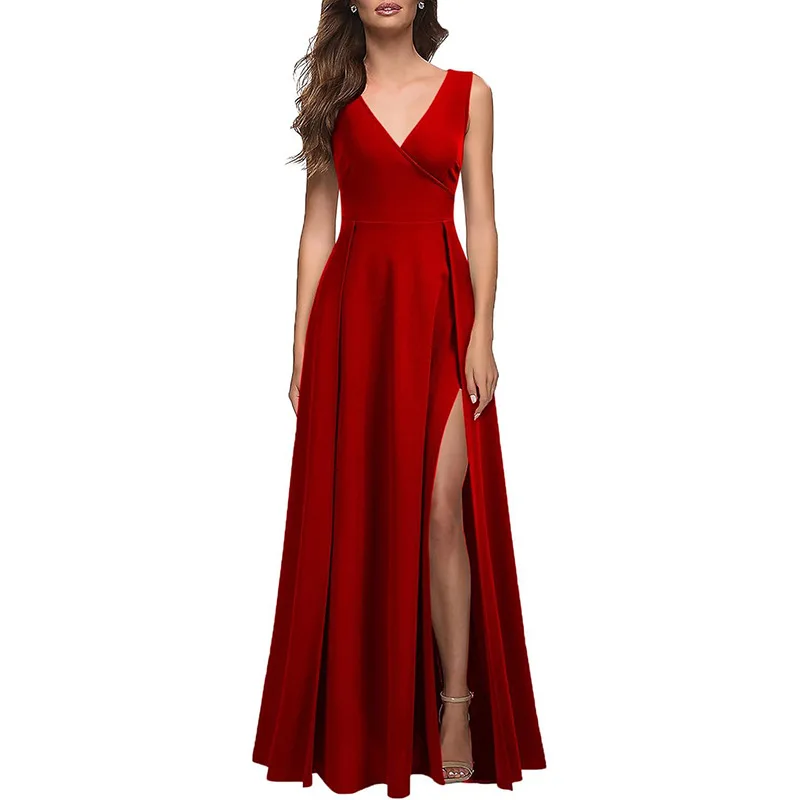 

Sexy A-line V-neck Sleeveless Party Dress Fashion Summer New Women Elegant Evening Dress Cocktail Party Prom Split Long Dresses
