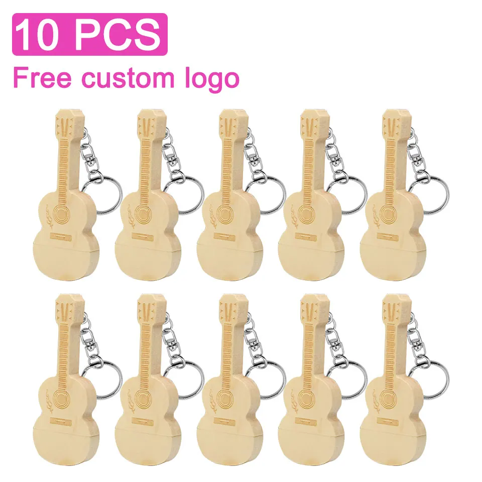

10pcs/lot wooden Guitar usb flash drive free logo music gifts pendrive 4GB 8GB 16GB 32GB cle usb 64GB 128GB usb disk with chain