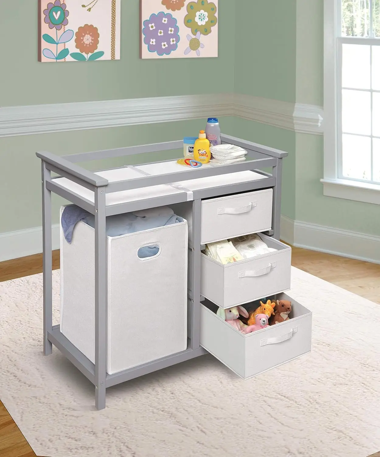 Basket Modern Baby Changing Table with Laundry Hamper 3 Storage Drawers and Pad, Diaper Change Station - Gray/White