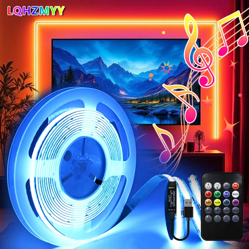 1M/2M/3M/4M/5M, 1 Piece of Color-Changing Rgb High-Density Led Strip with No Dark Spots, Low-Voltage 5V USB Interface Cob Strip Light, with 20-Key Multifunctional Remote Control, Can Switch Light Colors, Lights Can Dance Along the Music Rhythm, Suitable for Cars, Motorcycles, Gaming, E-Sports, Tv, Computer, Ktv, Stage, Music Parties, Home Family Activities, Festivals, Etc