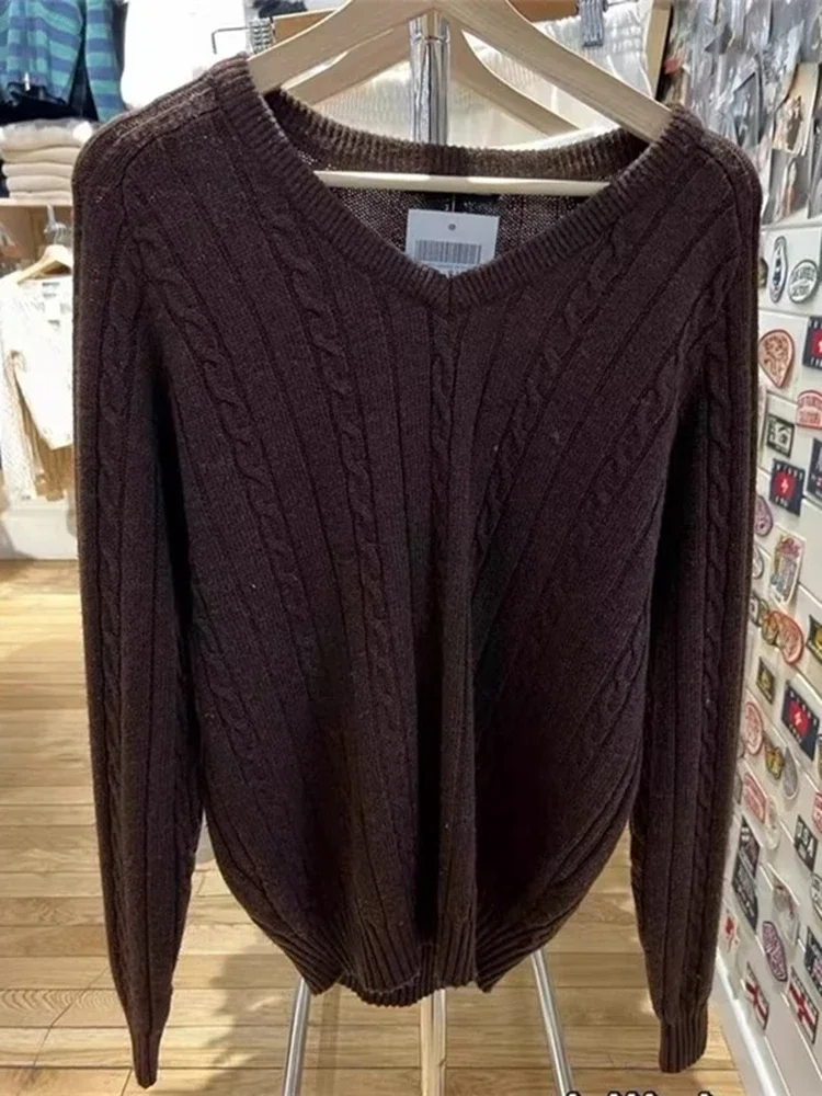 Casual kobiety jednolity kolor dekolt w szpic swetry z dzianiny 2023 jesienna elegancki, szykowny z długimi rękawami swetry damskie luźna dzianina w
